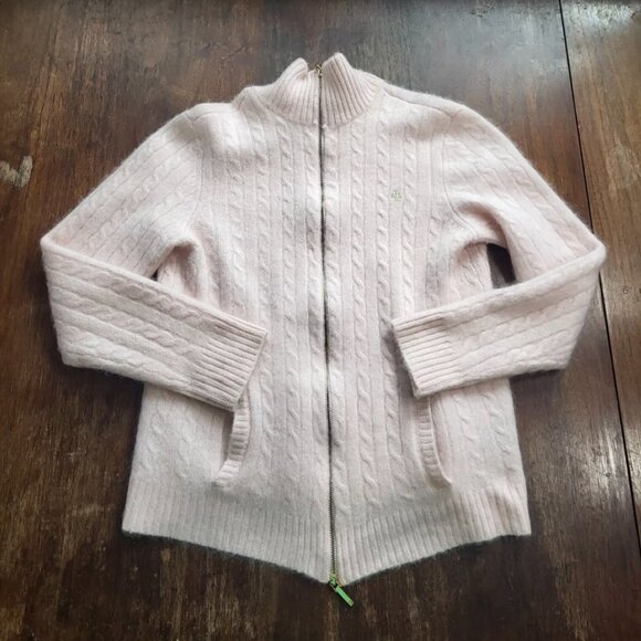 RALPH LAUREN 100% CASHMERE Pale Pink Gold Zip Logo Cable Knit Turtleneck Sweater - Picture 2 of 9
